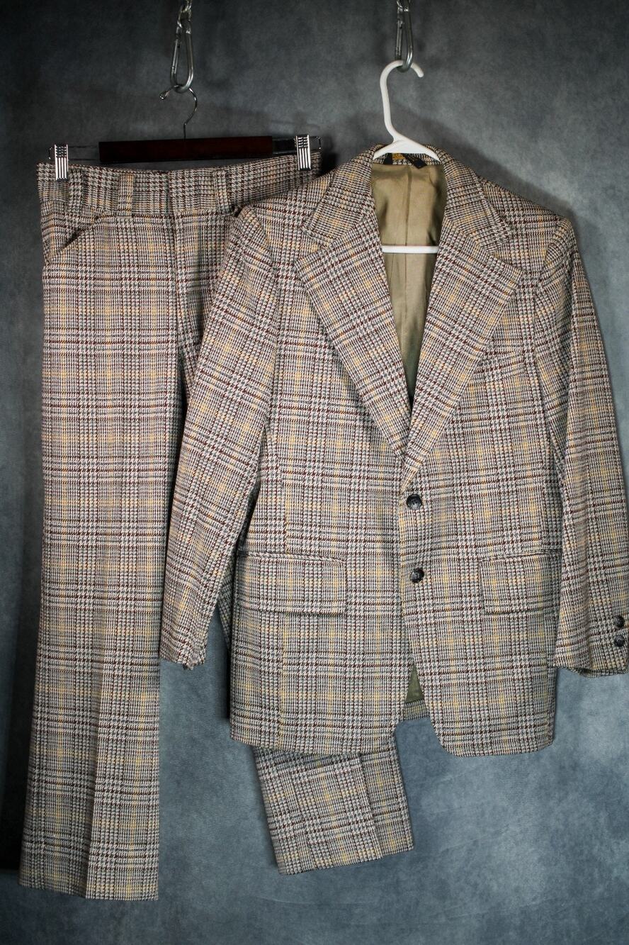 Vintage 70s Mens Suit Set Plaid Double Knit Polyester Jacket Pants Rare 38 / 28